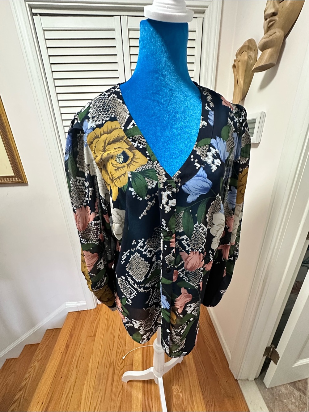 Cabi Floral V-Neck Long Sleeve Blouse - navy multi button down cuffed sleeve